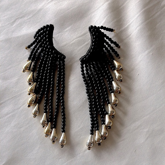 Vintage 80s Black Seed Bead & Gold Dangle Fringe Statement Earrings Retro Chic - Picture 7 of 7